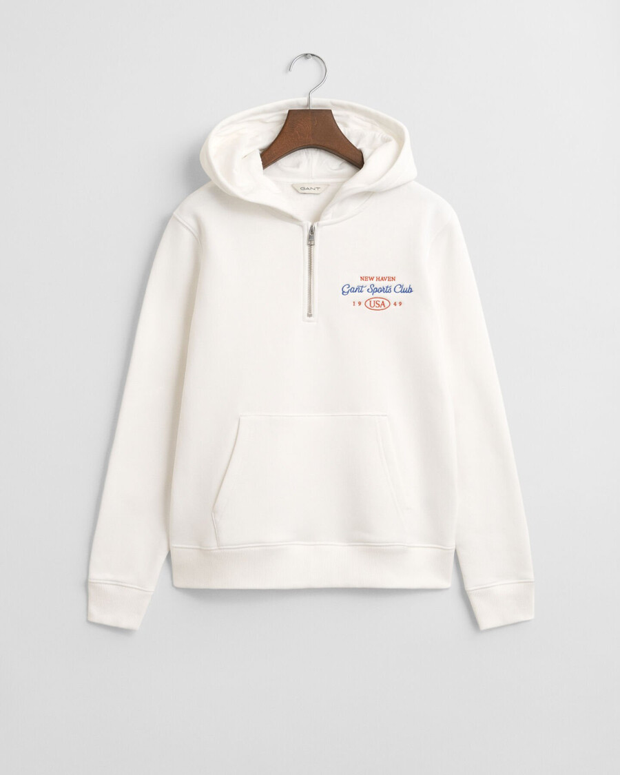hoodie met halve rits en grafische print van een sportclub voor tienermeisjes - eggshell