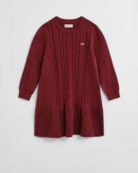 meisjesjurk van katoen met kabelbreiwerk - rood met pluizige details