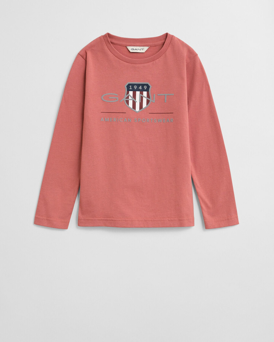 kinder archive shield t-shirt met lange mouwen - vervaagde baksteen