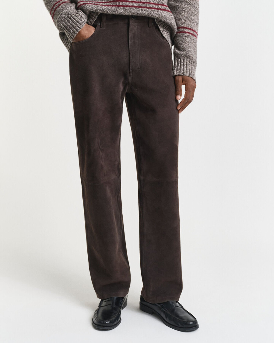 suède jeans met rechte pasvorm - donkerbruin