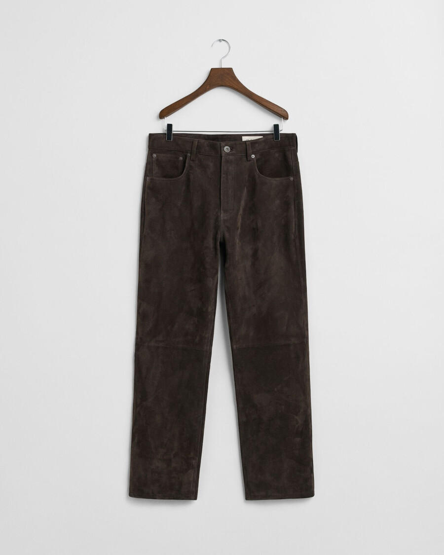 suède jeans met rechte pasvorm - donkerbruin