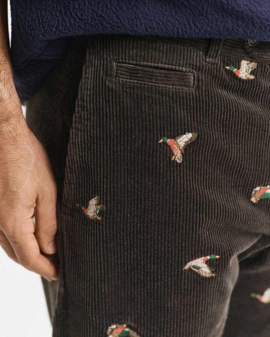 rechte corduroy broek met borduurwerk - donker mosgroen