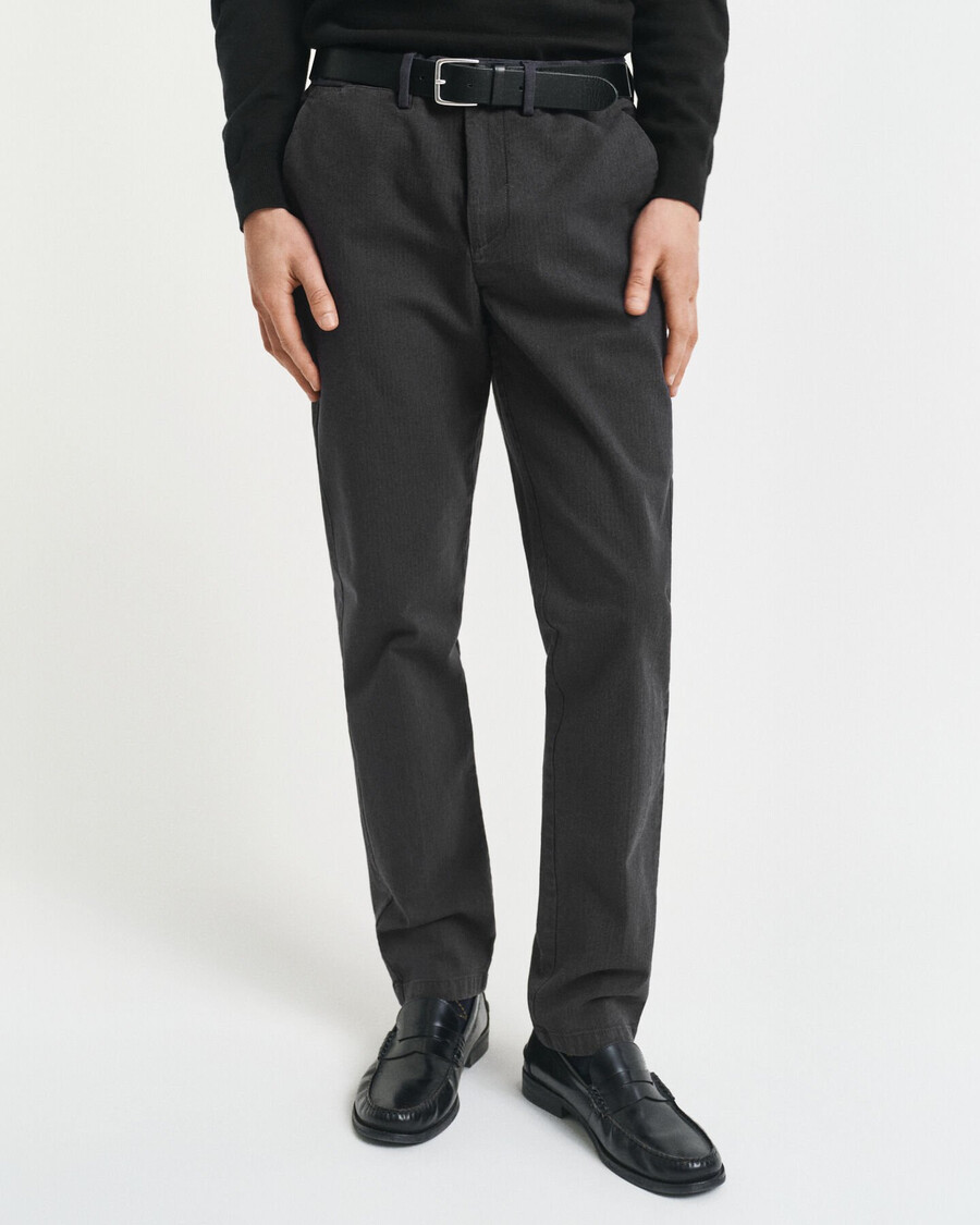 slim fit katoenen broek met visgraatpatroon - antraciet
