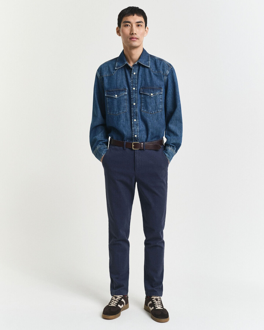slim fit katoenen broek met visgraatpatroon - avondblauw