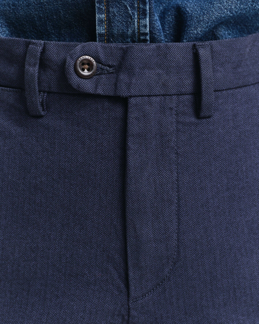slim fit katoenen broek met visgraatpatroon - avondblauw
