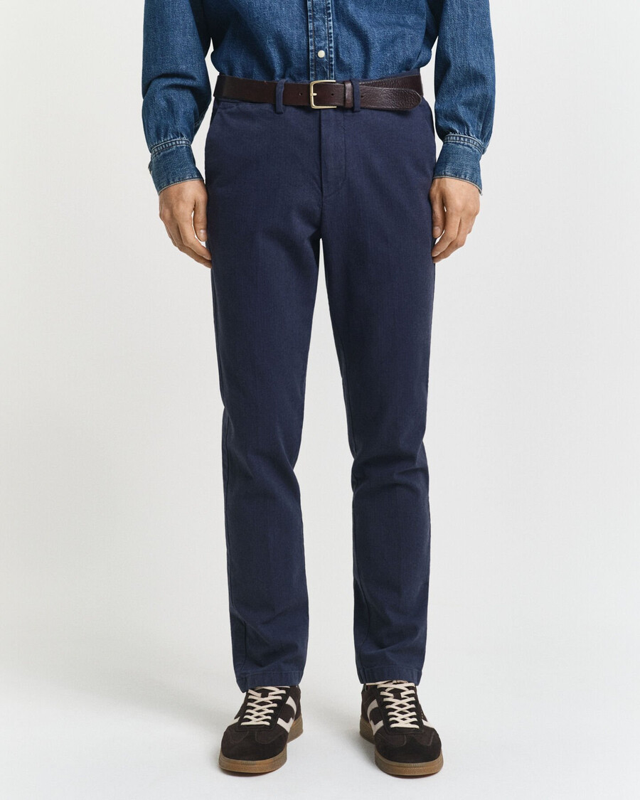 slim fit katoenen broek met visgraatpatroon - avondblauw