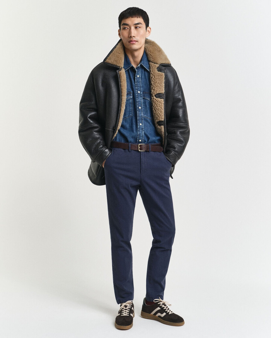 slim fit katoenen broek met visgraatpatroon - avondblauw