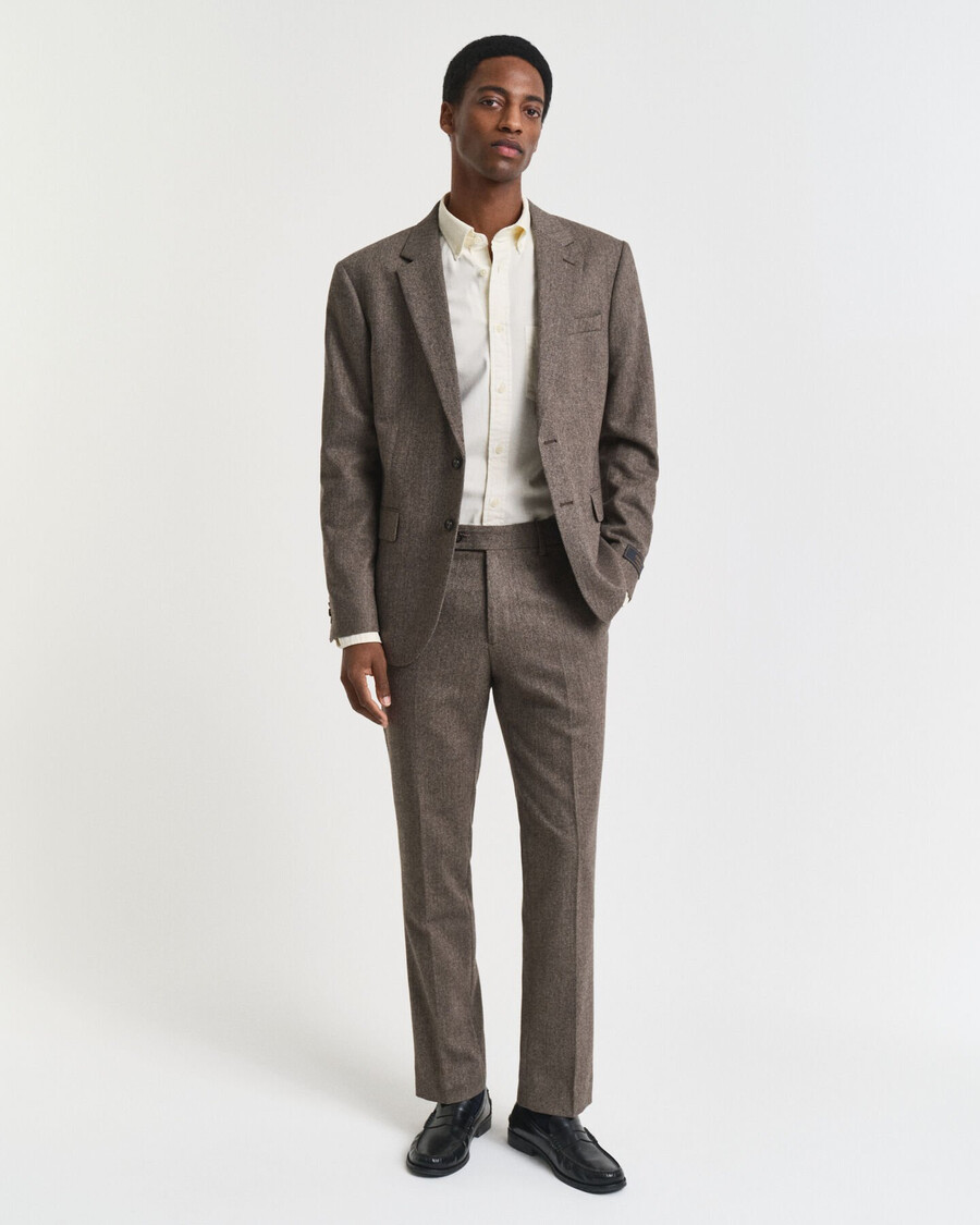 slim fit flanellen pantalon met visgraatpatroon - donkerbruin