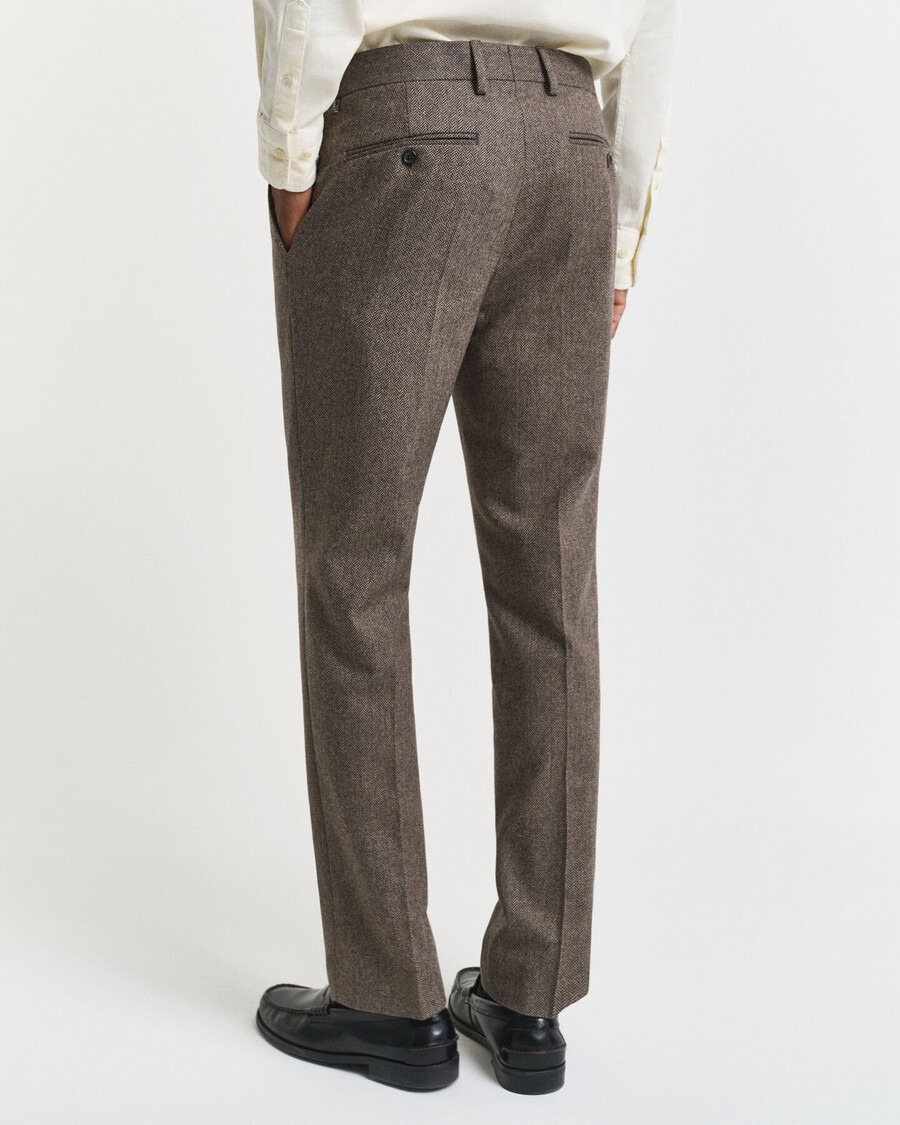 slim fit flanellen pantalon met visgraatpatroon - donkerbruin