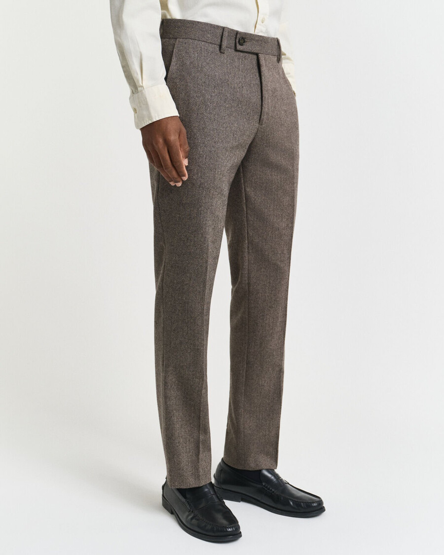 slim fit flanellen pantalon met visgraatpatroon - donkerbruin
