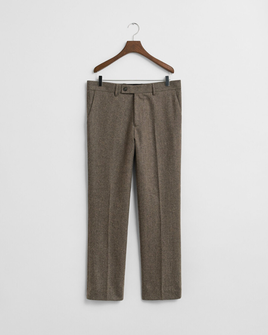 slim fit flanellen pantalon met visgraatpatroon - donkerbruin