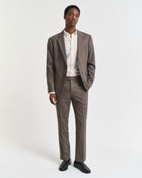 slim fit flanellen pantalon met visgraatpatroon - donkerbruin