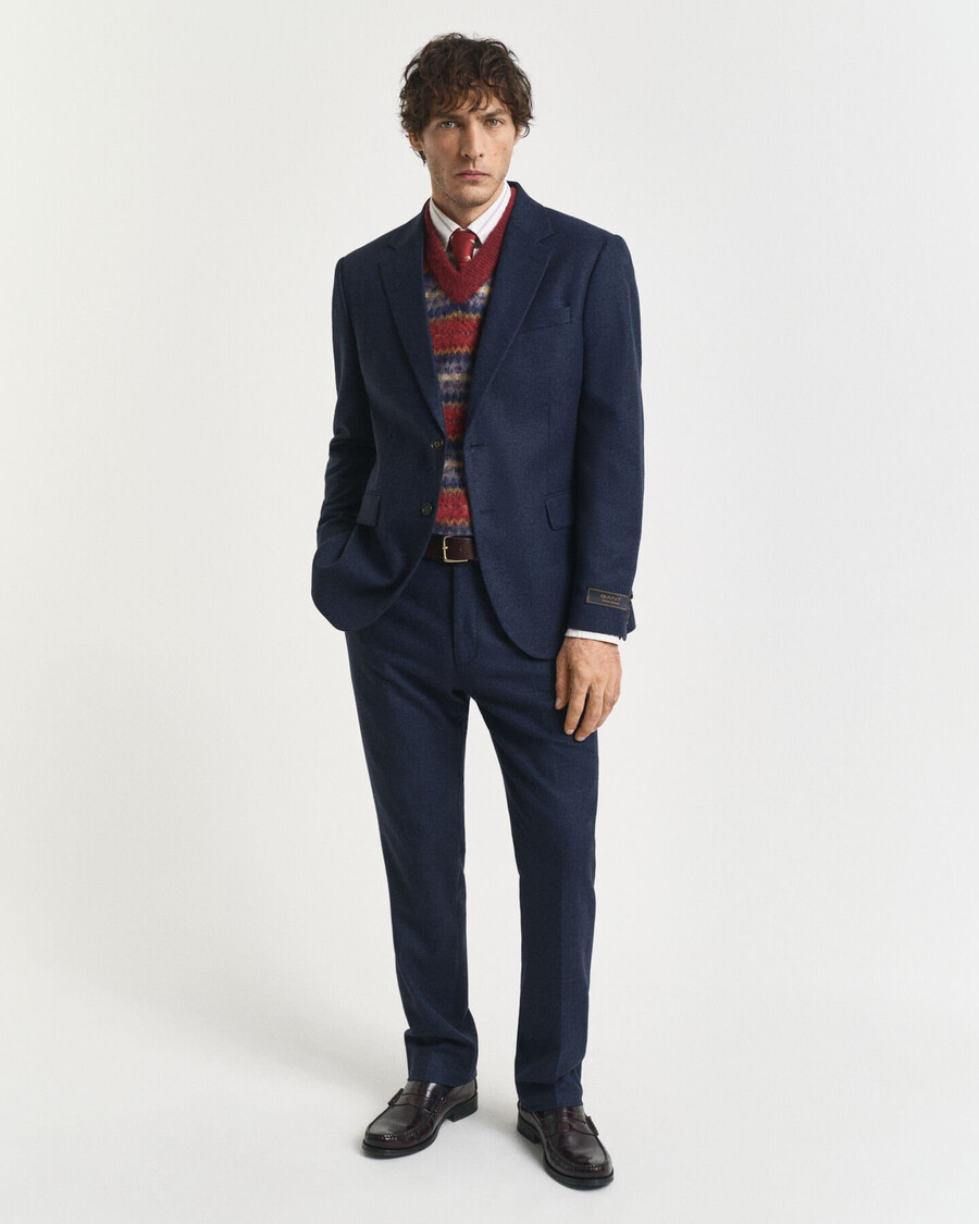 slim fit flanellen pantalon met visgraatpatroon - avondblauw