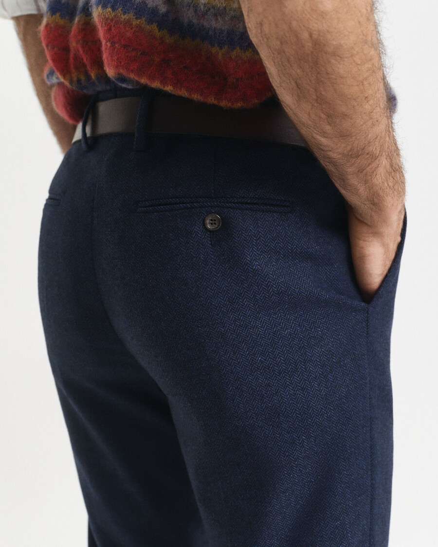 slim fit flanellen pantalon met visgraatpatroon - avondblauw