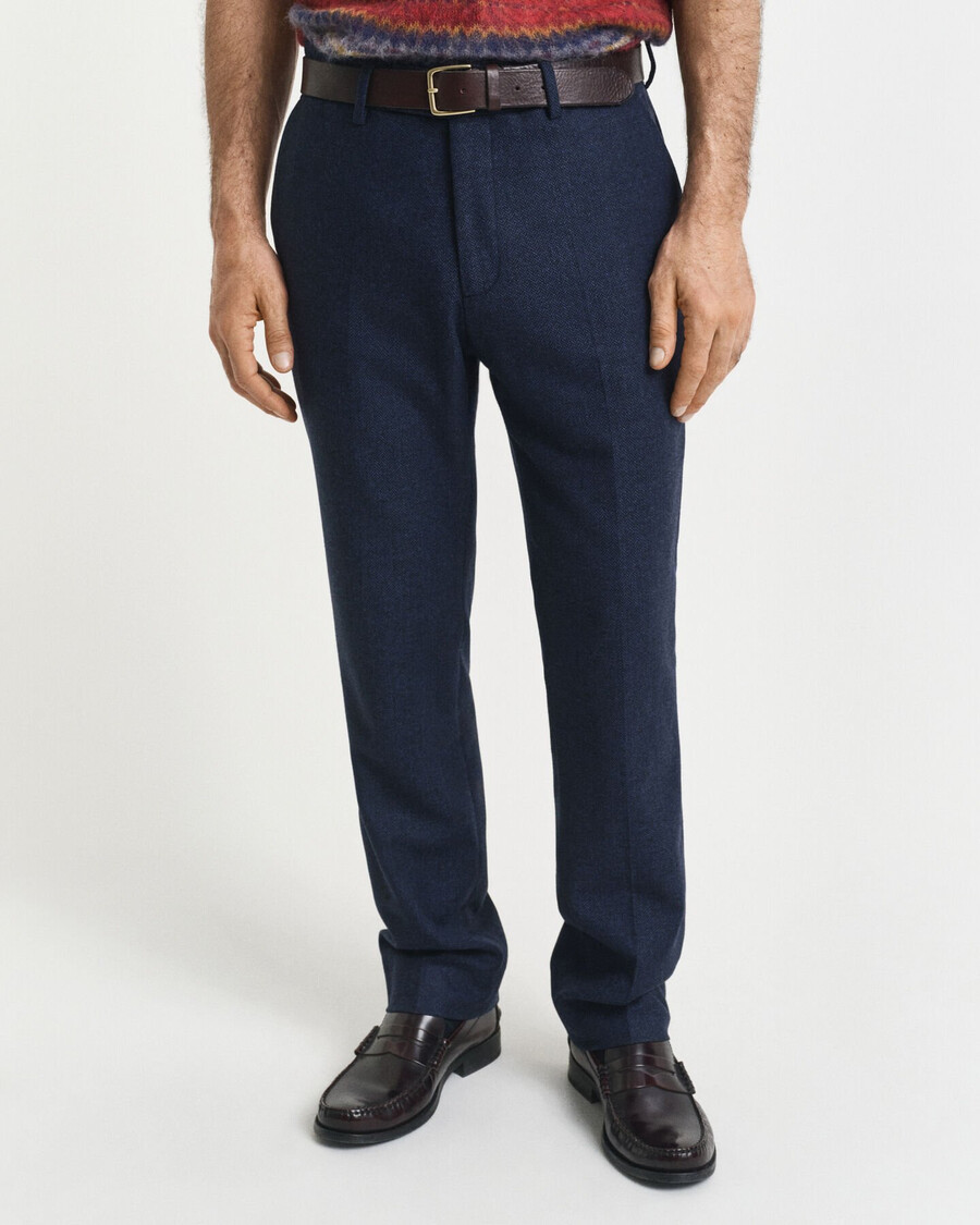 slim fit flanellen pantalon met visgraatpatroon - avondblauw