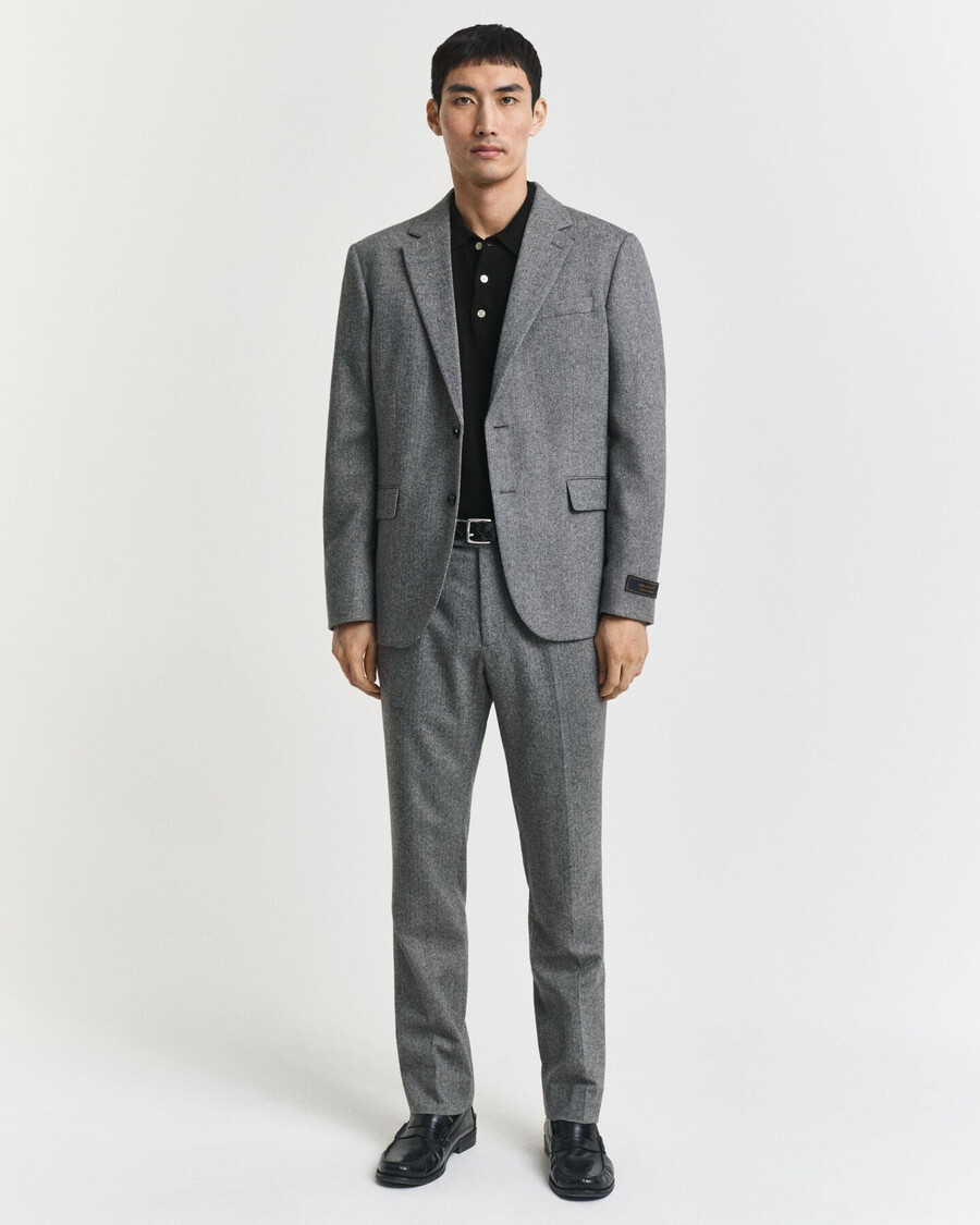slim fit flanellen pantalon met visgraatpatroon - antraciet melange