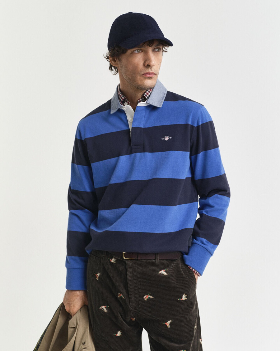 zware gestreepte deken met chambray kraag - rijkblauw