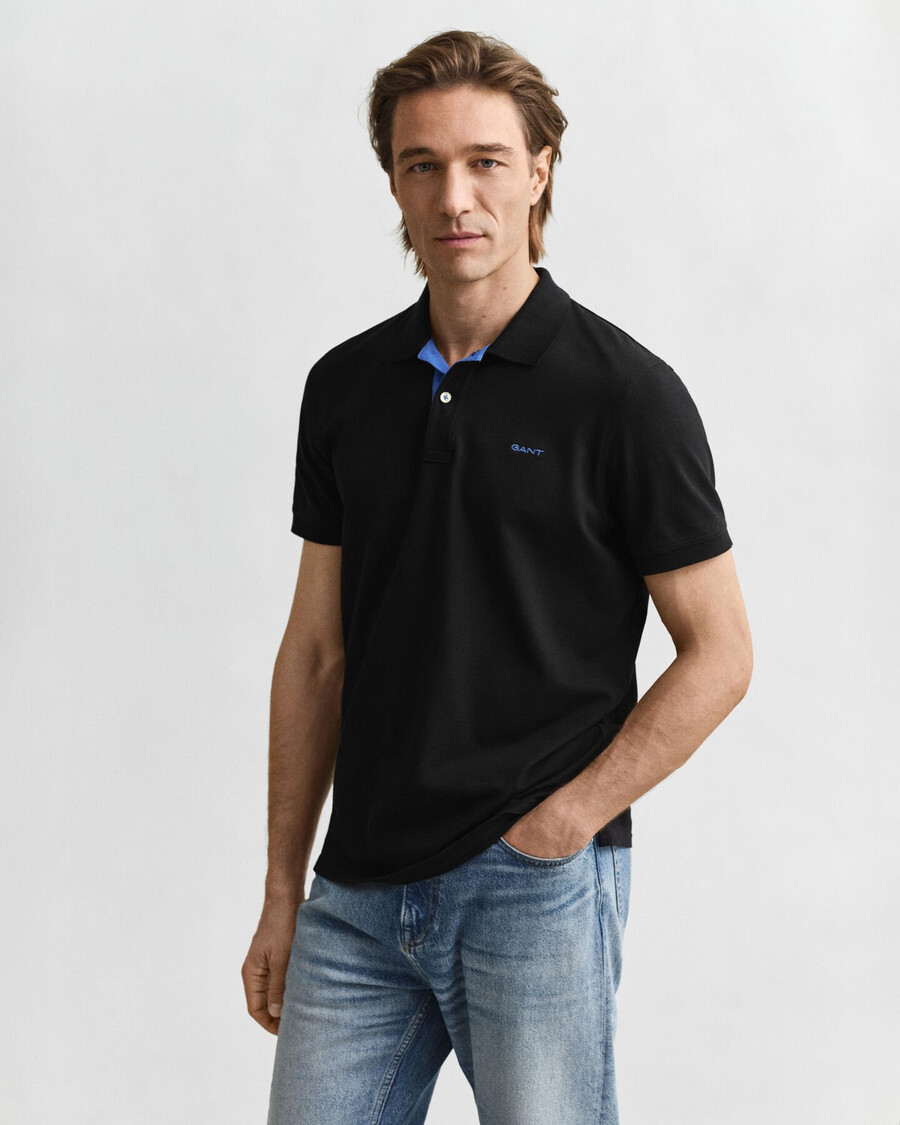 poloshirt van contrastpiqué - zwart