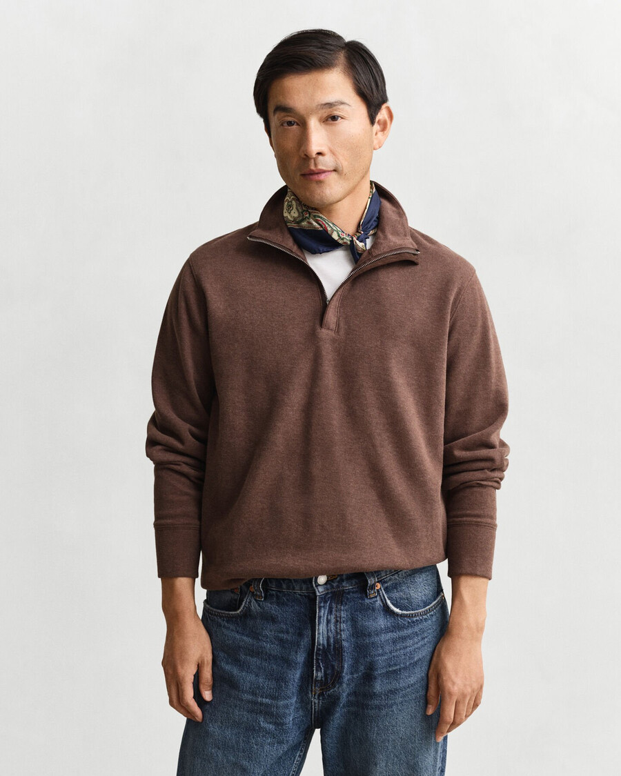 lichte sacker rib halfzip sweatshirt - donkerbruine melange