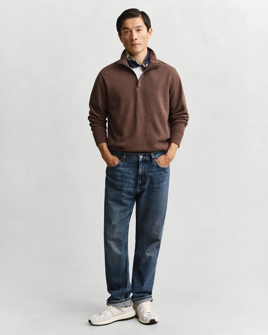 lichte sacker rib halfzip sweatshirt - donkerbruine melange