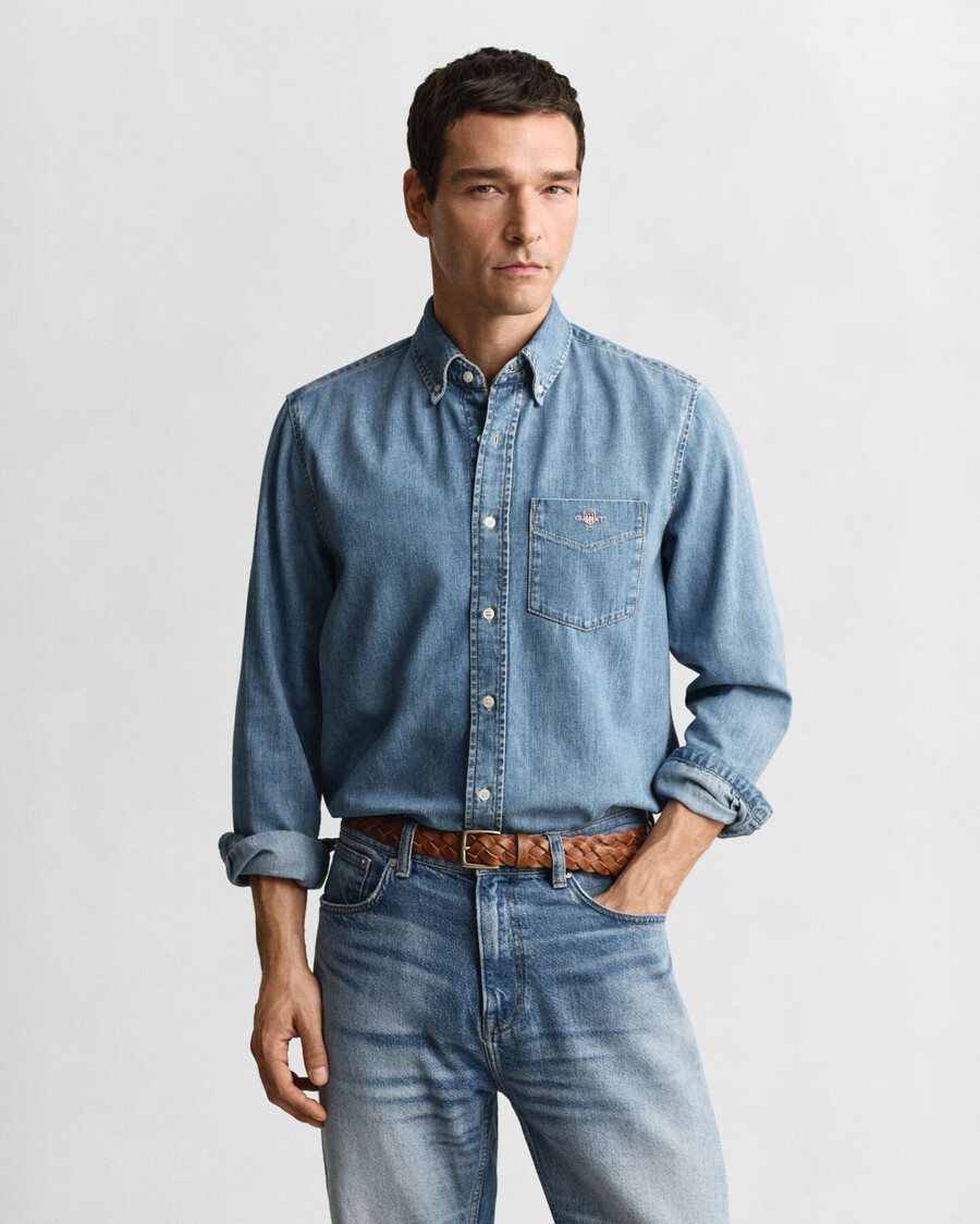 normale pasvorm denim overhemd - lichtblauw met een gedragen look