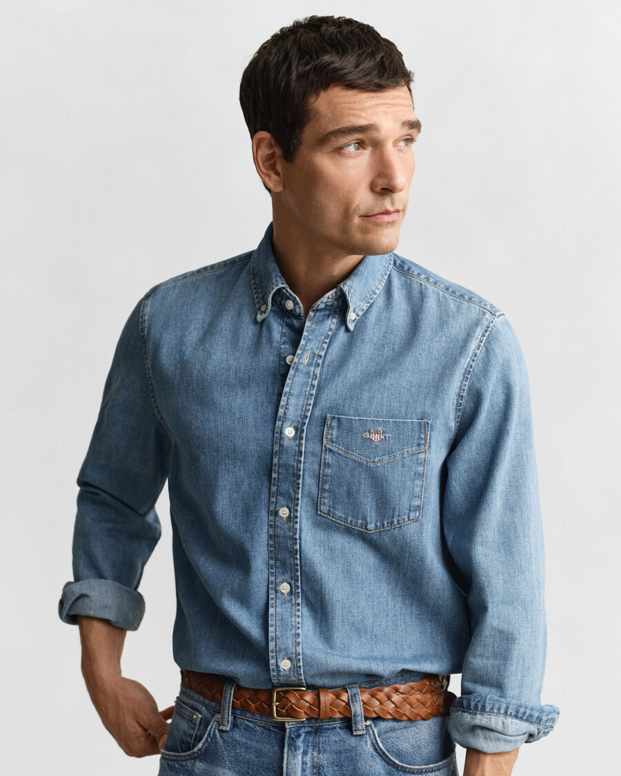 normale pasvorm denim overhemd - lichtblauw met een gedragen look