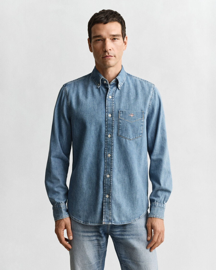 normale pasvorm denim overhemd - lichtblauw met een gedragen look