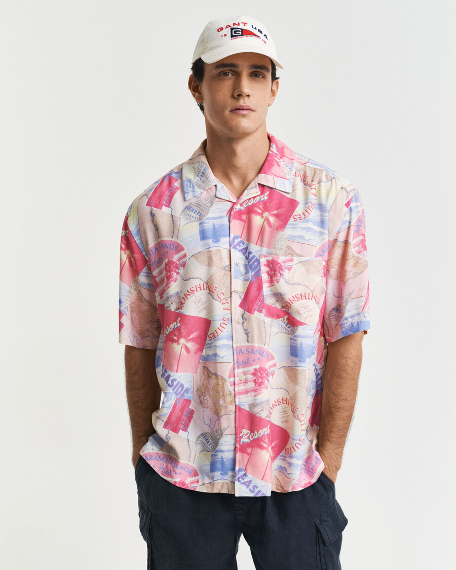 relaxed fit resort print shirt met korte mouwen - frisblauw