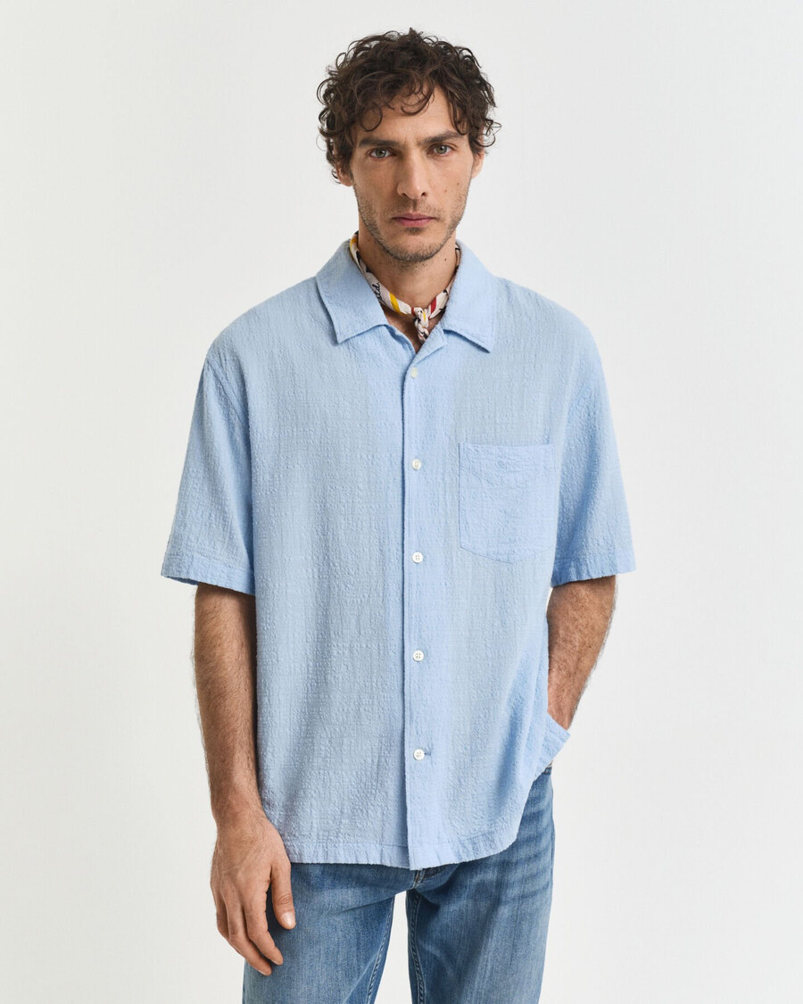 relaxed fit overhemd met korte mouwen en textuur - capri blauw