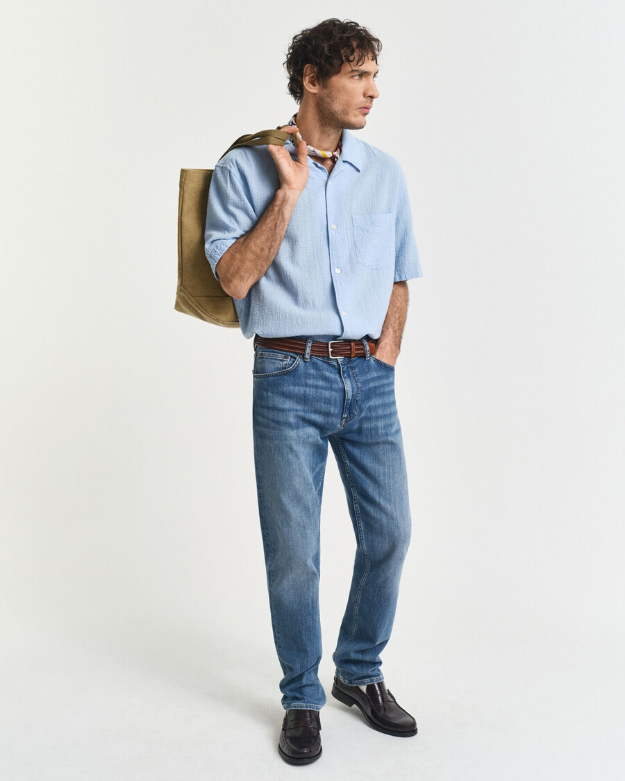 relaxed fit overhemd met korte mouwen en textuur - capri blauw