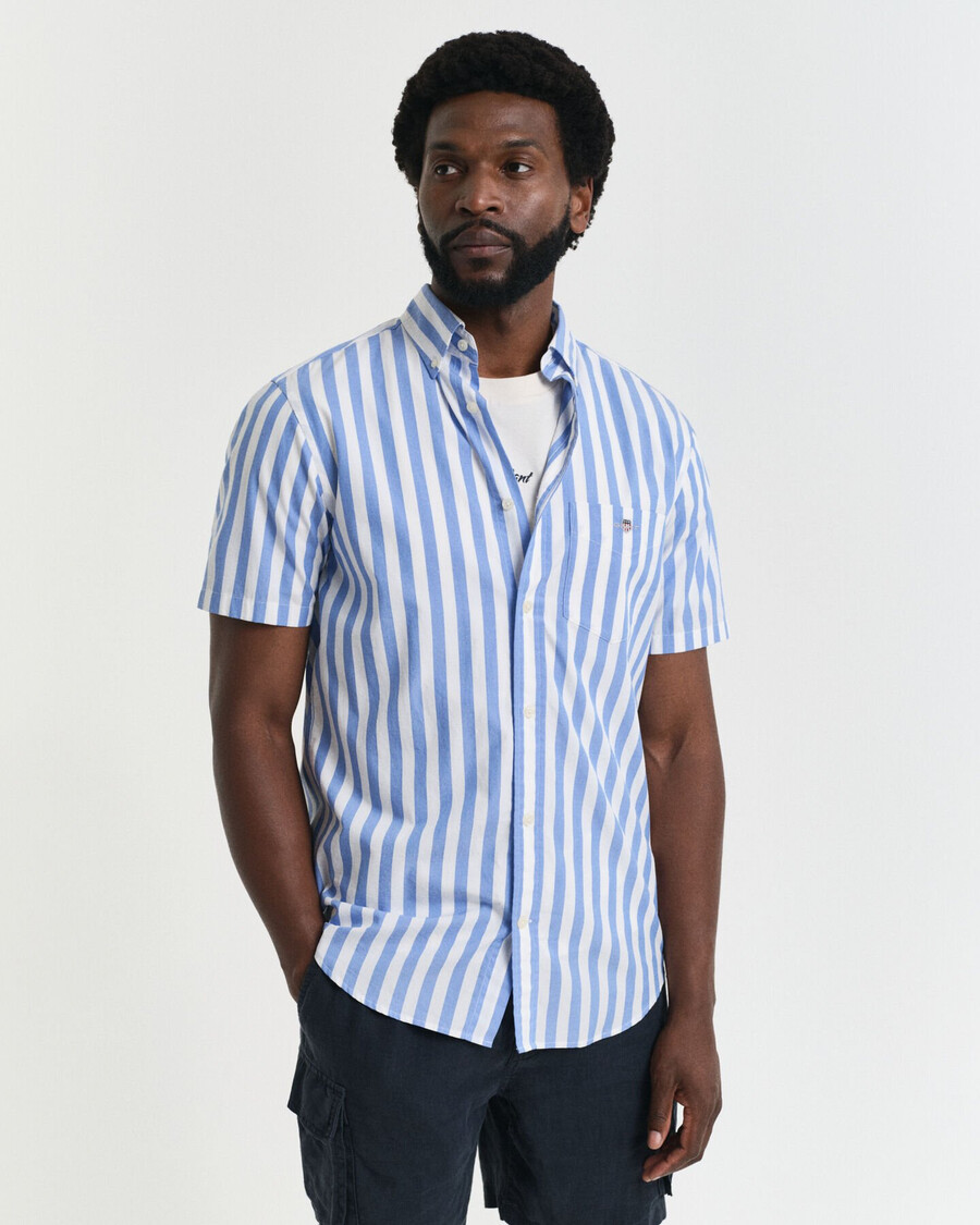 regular fit gestreept klassiek poplin overhemd met korte mouwen - perfect blue
