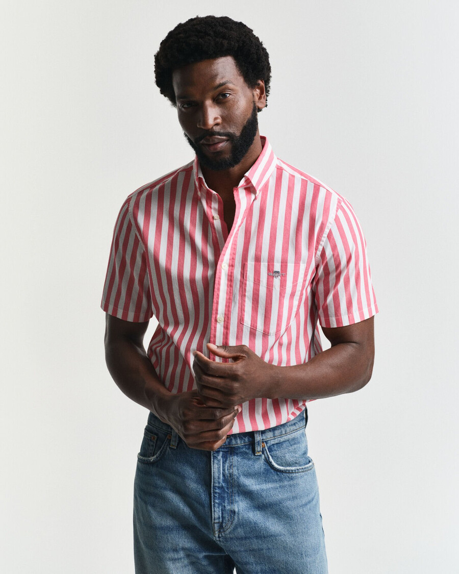 regular fit gestreept klassiek poplin overhemd met korte mouwen - watermeloenrood