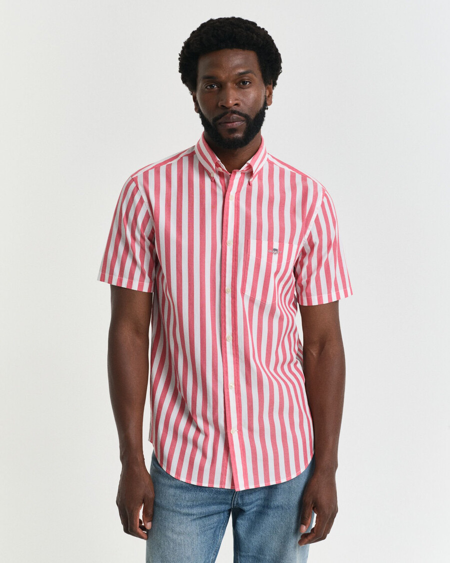 regular fit gestreept klassiek poplin overhemd met korte mouwen - watermeloenrood