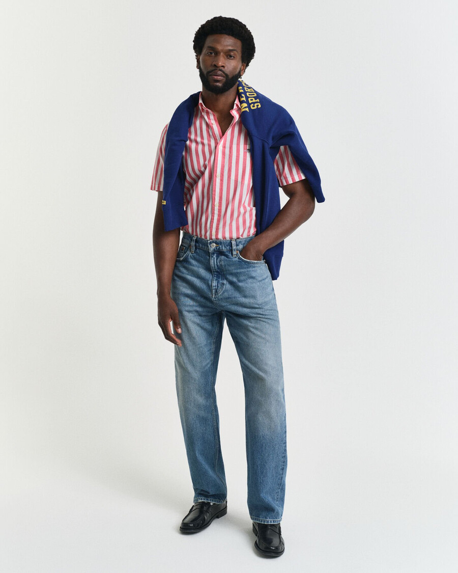 regular fit gestreept klassiek poplin overhemd met korte mouwen - watermeloenrood