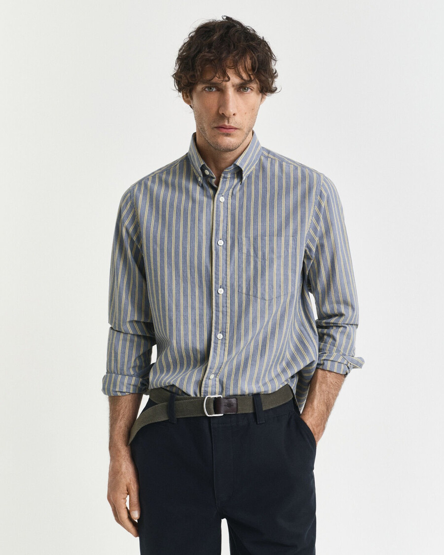 gestreept poplin overhemd met normale pasvorm - marineblauw