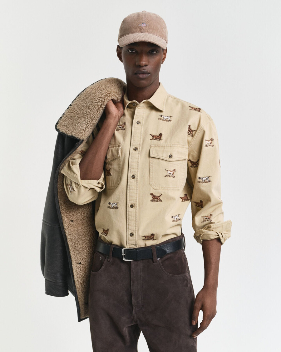 relaxed fit geborduurd twill overhemd - eikenbeige