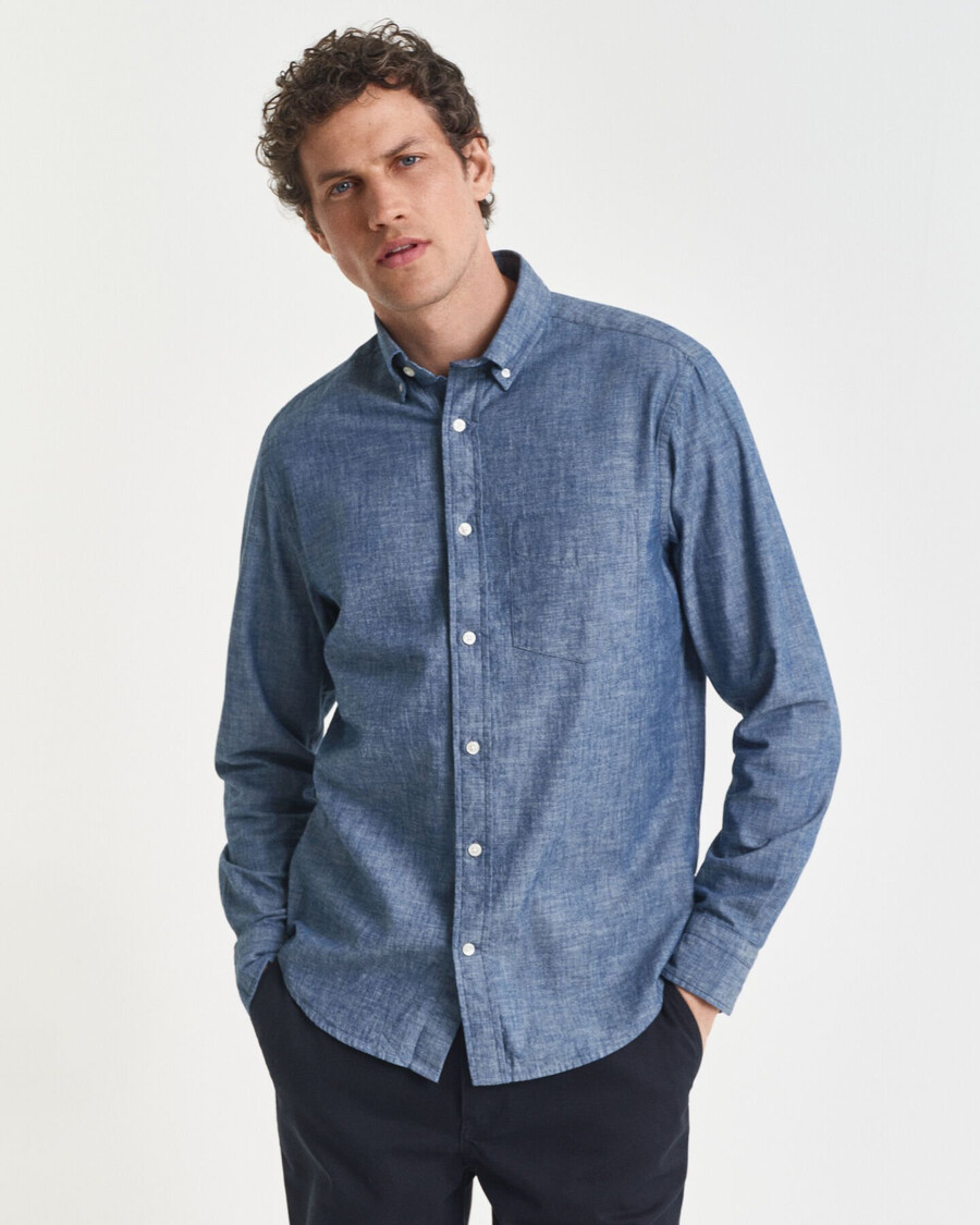 regular fit indigo chambray shirt - middenblauw