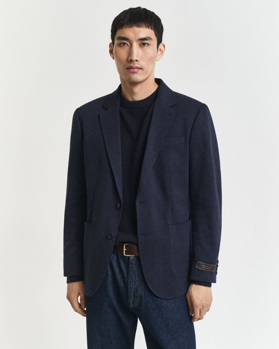 slim fit tweekleurige jersey piqué blazer - donker indigo gemêleerd