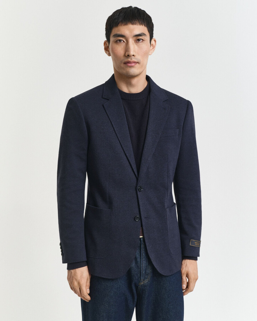 slim fit tweekleurige jersey piqué blazer - donker indigo gemêleerd