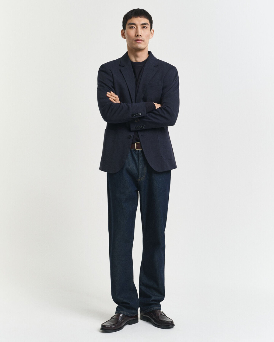 slim fit tweekleurige jersey piqué blazer - donker indigo gemêleerd
