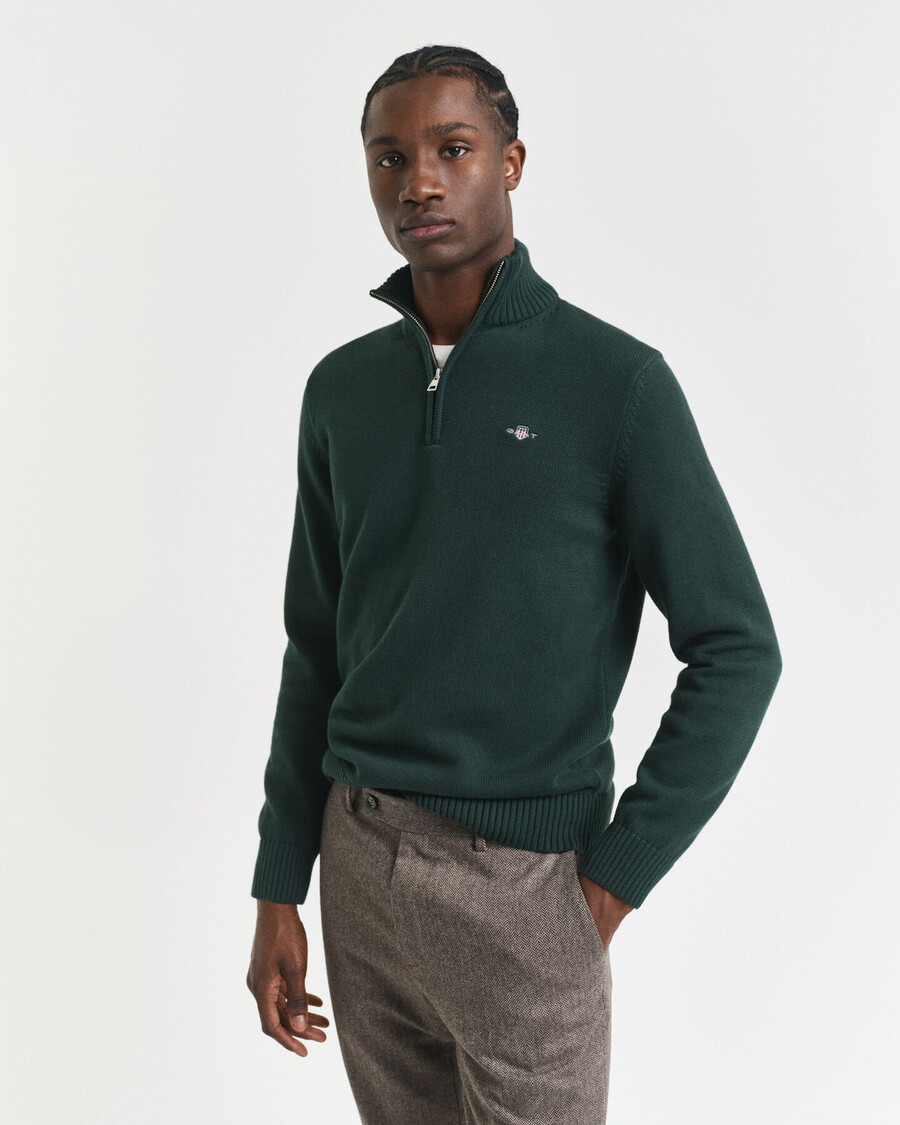 casual katoenen trui met halve rits - groen met ruitpatroon