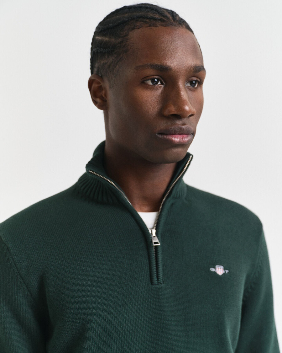 casual katoenen trui met halve rits - groen met ruitpatroon