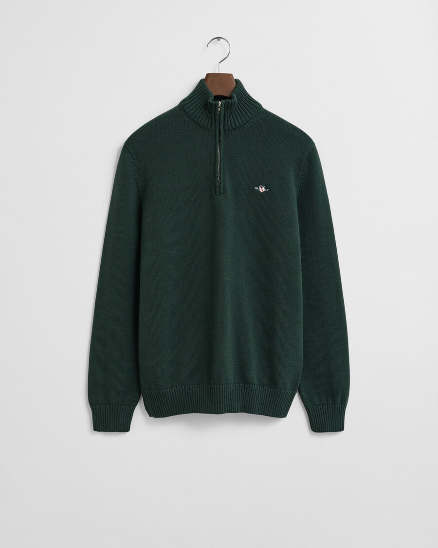 casual katoenen trui met halve rits - groen met ruitpatroon