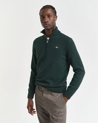 casual katoenen trui met halve rits - groen met ruitpatroon