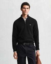 casual katoenen trui met halve rits - zwart
