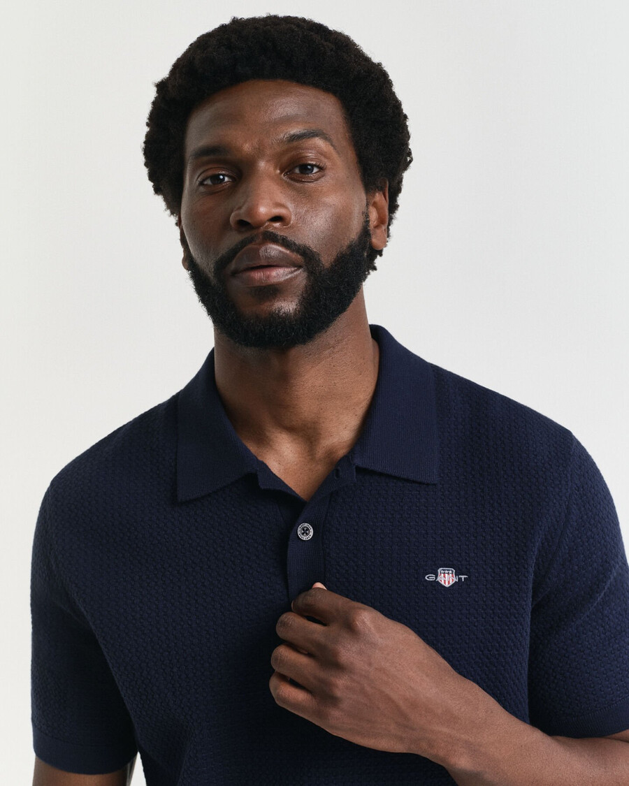 polo shirt van getextureerd katoen - avondblauw