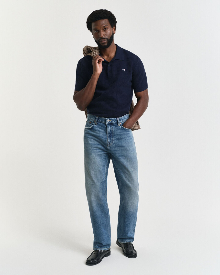 polo shirt van getextureerd katoen - avondblauw