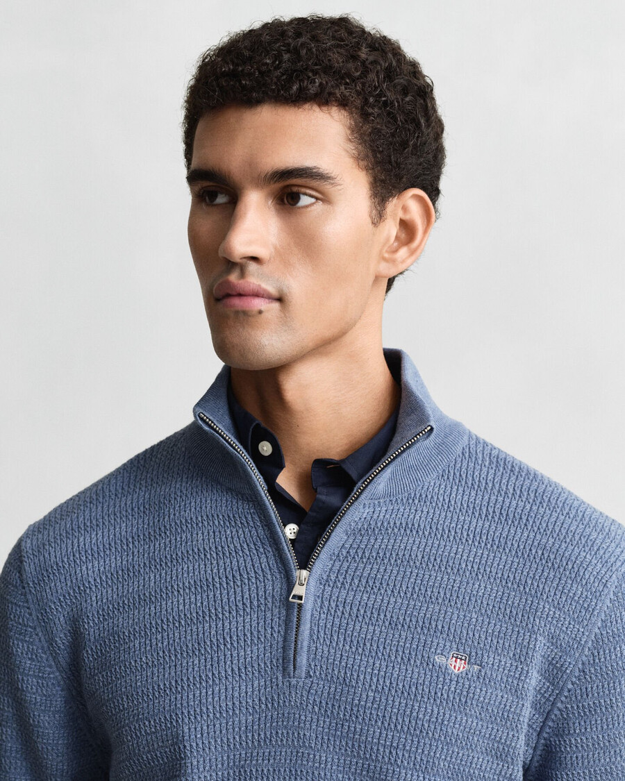 mini kabelgebreide trui met halve rits - denimblauw gemêleerd