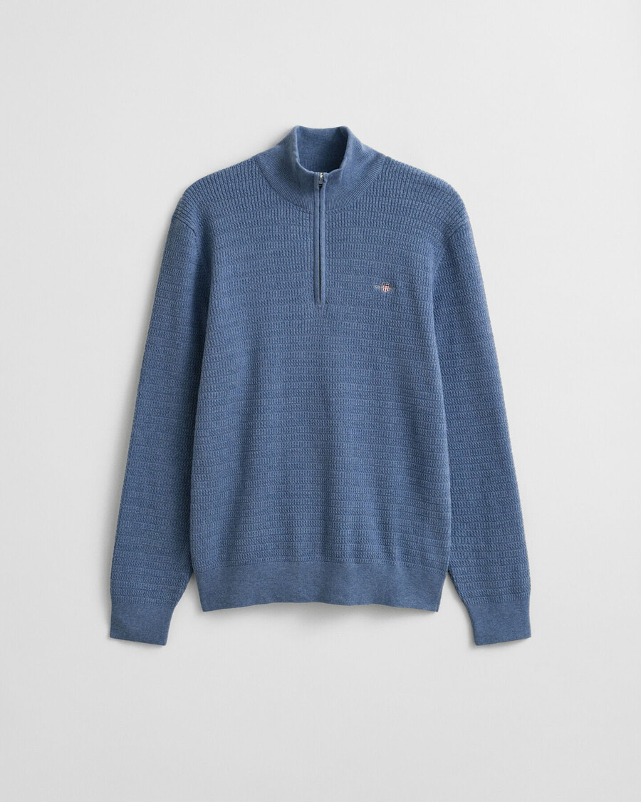mini kabelgebreide trui met halve rits - denimblauw gemêleerd
