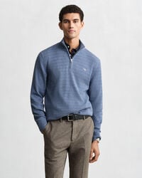 mini kabelgebreide trui met halve rits - denimblauw gemêleerd